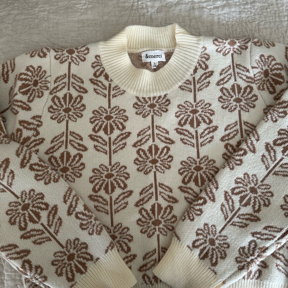 Flower Sweater Cream and Brown Crew Neck Sweater